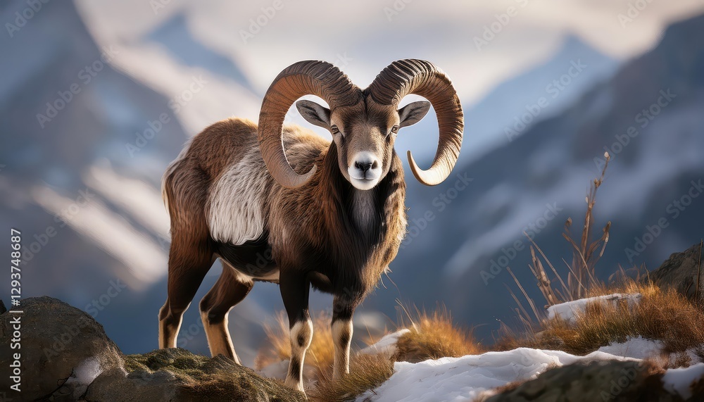 SnowCapped Alpine Majesty Striking Mouflon Amidst Winter Wonderland, Captured in the Magic Hours Glow, Set Against a Dramatic Mountain Landscape. SnowCapped Alpine Majesty Striking Mouflon Amidst Winter Wonderland, Captured in the Magic Hours Glow, Set Against a Dramatic Mountain Landscape.