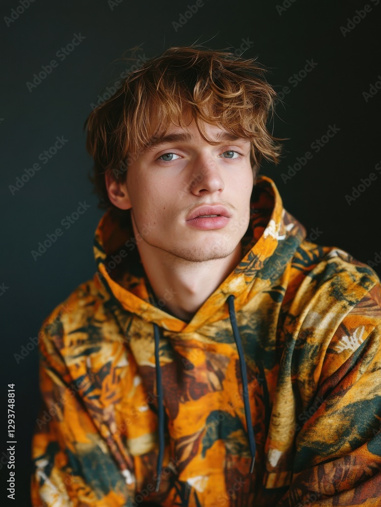 Trendy Young Man in Vibrant Floral Hoodie: Perfect for Fashion Inspiration or Streetwear Promotion Trendy Young Man in Vibrant Floral Hoodie: Perfect for Fashion Inspiration or Streetwear Promotion