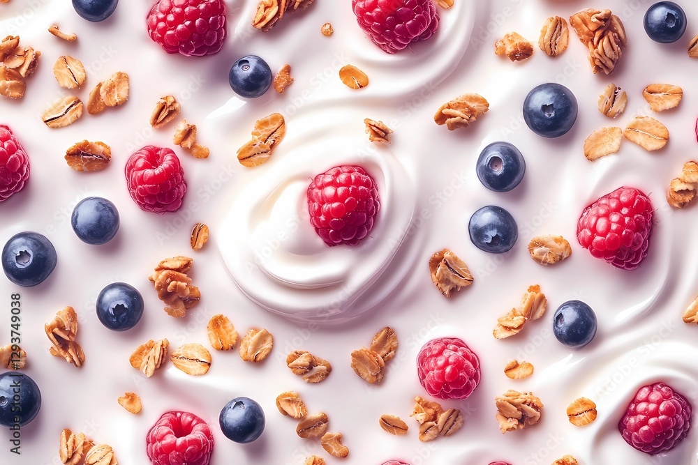 Yogurt with granola served in a glass bowl, topped with fresh berries and honey drizzle, creating a healthy and delicious breakfast. Illustration style. Yogurt with granola served in a glass bowl, topped with fresh berries and honey drizzle, creating a healthy and delicious breakfast. Illustration style.