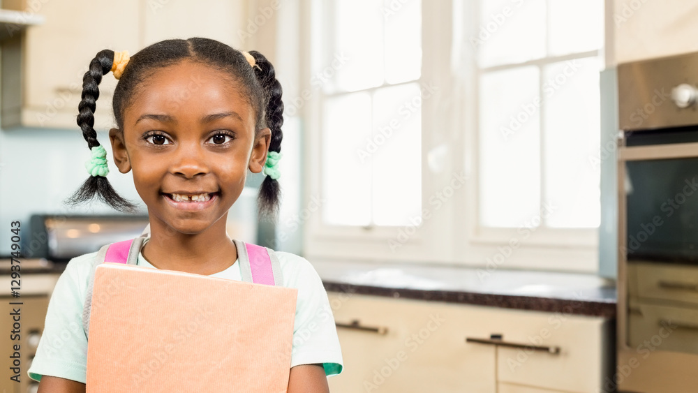 Smiling African American girl holding book in kitchen, ready for school, copy space Smiling African American girl holding book in kitchen, ready for school, copy space