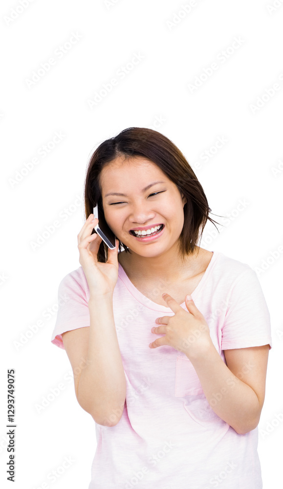 Smiling woman talking on smartphone, enjoying cheerful conversation at home Smiling woman talking on smartphone, enjoying cheerful conversation at home