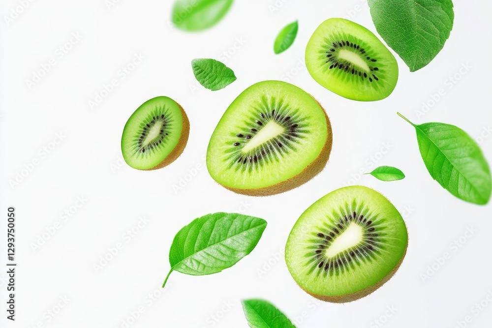 Fototapeta premium Floating Kiwi Slices with Green Leaves High-Resolution Food Photography, Healthy Eating Concept, White Background Kiwi, Fruit