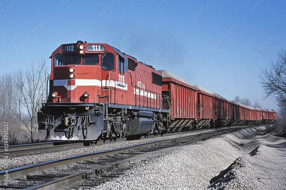 Red freight train transports cargo along the railway. Generative AI Red freight train transports cargo along the railway. Generative AI