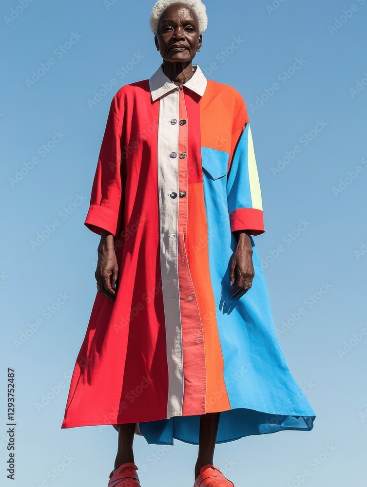 Vibrant Color-Blocking Dress: A striking model showcases a colorful oversized dress perfect for fashion campaigns or editorial shoots. Vibrant Color-Blocking Dress: A striking model showcases a colorful oversized dress perfect for fashion campaigns or editorial shoots.