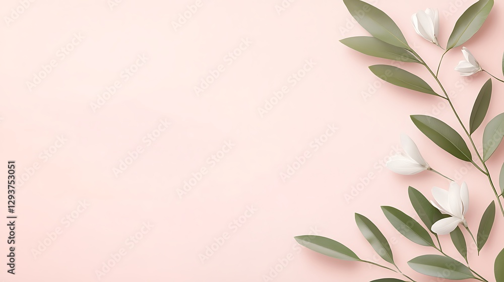 Delicate White Flowers and Green Leaves on Pink Background Delicate White Flowers and Green Leaves on Pink Background