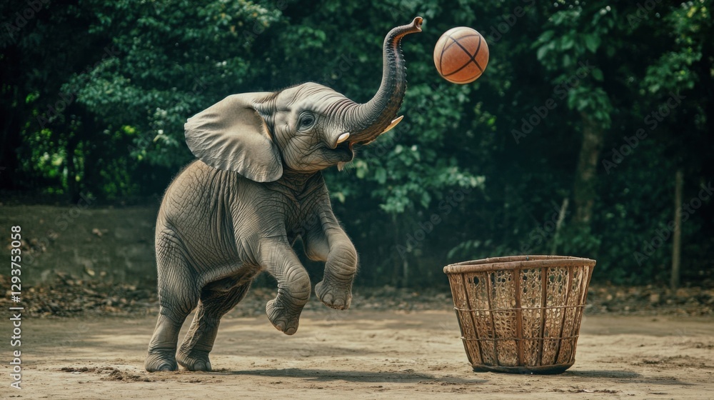 Fototapeta premium Harmony in the Wild: A Majestic Elephant Balances a Basketball Amidst the Golden Hues of an Autumnal Forest