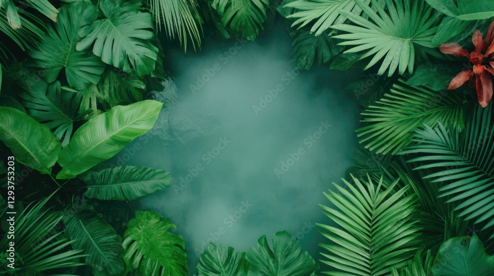 Obraz premium Lush dense and exotic tropical foliage thriving near a subterranean geothermal spring creating a serene and mysterious biome filled with steaming mist and a sense of untamed natural wonder and