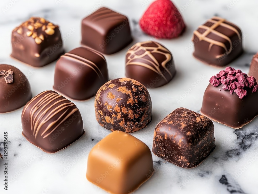 Product photography of gourmet chocolates on a marble surface, Commercial photography, High-resolution, Warm and inviting Product photography of gourmet chocolates on a marble surface, Commercial photography, High-resolution, Warm and inviting