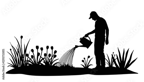 Gardener watering plants in silhouette against a white background