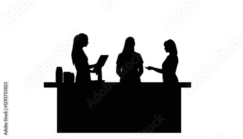 Silhouette of three women discussing at a counter