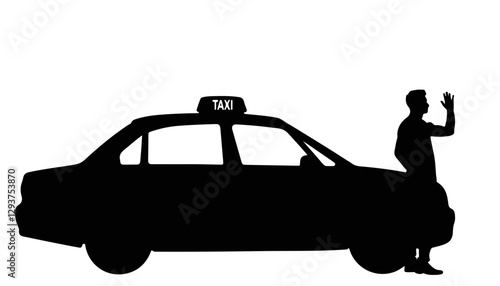 Silhouette of a person hailing a taxi against a white background