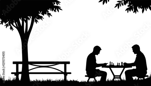 Silhouetted men playing chess under a tree in a park