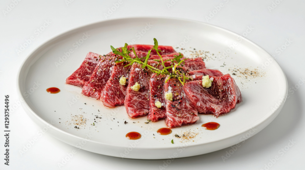 A delicate plate of Japanese wagyu beef slices, lightly seared and served with ponzu sauce, A delicate plate of Japanese wagyu beef slices, lightly seared and served with ponzu sauce,