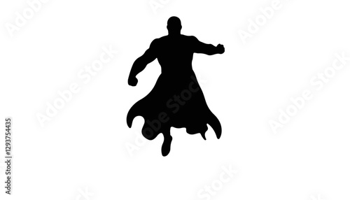 Silhouette of a superhero flying against a white background