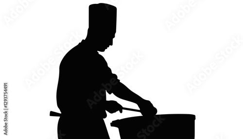 Chef stirring in a pot silhouette on white background