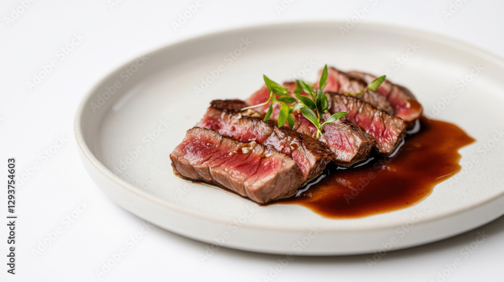 A delicate plate of Japanese wagyu beef slices, lightly seared and served with ponzu sauce, A delicate plate of Japanese wagyu beef slices, lightly seared and served with ponzu sauce,