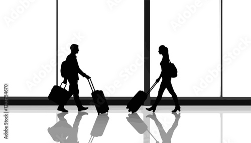 Silhouetted travelers walking with luggage in airport terminal