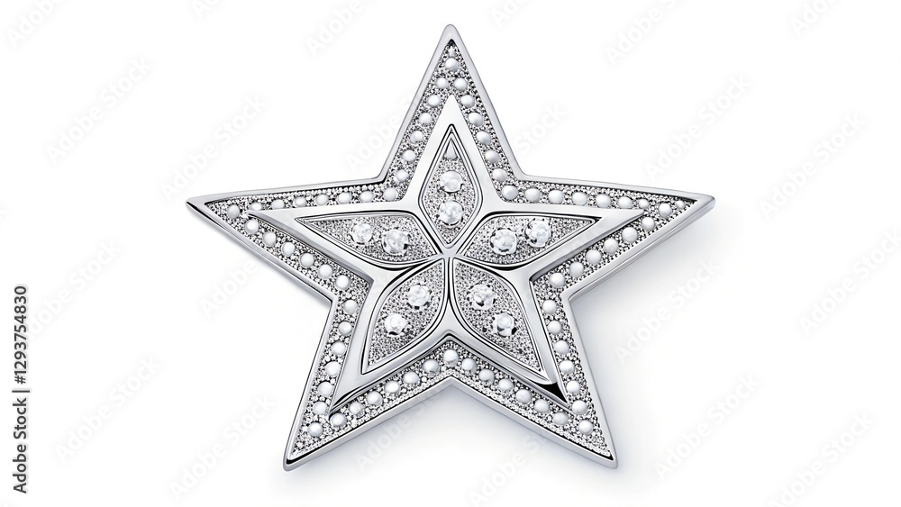 Obraz premium A studio shot of a silver star-shaped ornament or brooch adorned with small, clear gemstones. 