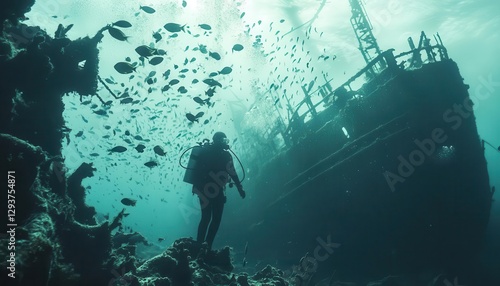 Underwater shot of a scuba diver exploring a shipwreck, surrounded by schools of fish, Marine life, High-resolution, Cool tones