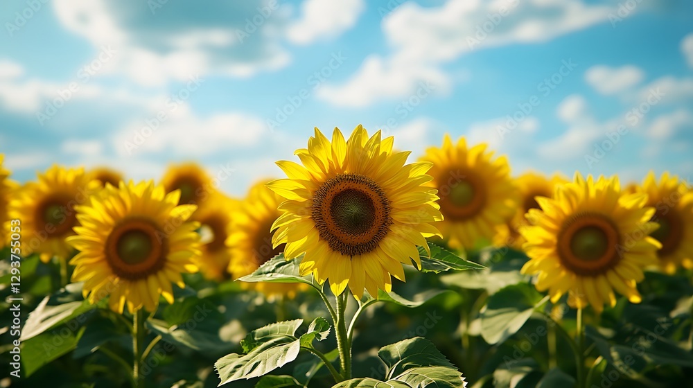 Field of sunflowers highlights realistic yellow blooms and green leaves under a blue sky, captured in a wide shot from ground level in the countryside, cheerful and summery in detail.