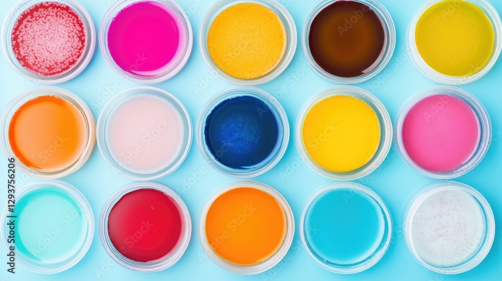 Detailed image of vibrant colorful petri dishes arranged in a scientific laboratory setting containing various viral cultures and microbiological samples for research and analysis Detailed image of vibrant colorful petri dishes arranged in a scientific laboratory setting containing various viral cultures and microbiological samples for research and analysis