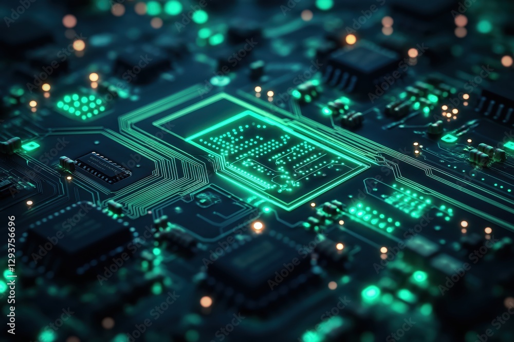 Macro shot of a circuit board with glowing LEDs and intricate soldered connections Macro shot of a circuit board with glowing LEDs and intricate soldered connections