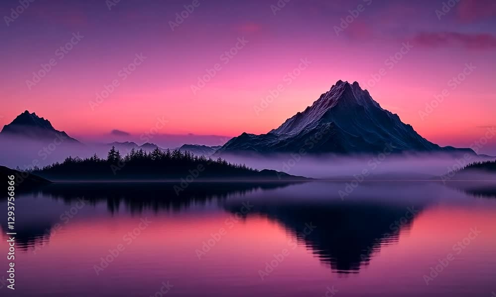 Serene mountain landscape at dawn, reflecting on calm waters with mist and vibrant colors Serene mountain landscape at dawn, reflecting on calm waters with mist and vibrant colors