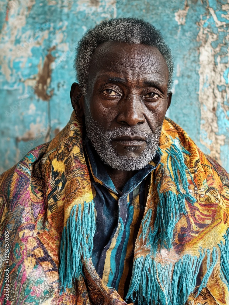 Naklejka premium Portrait of a Man in Vibrantly Patterned Shawl Against a Textured Backdrop - Ideal for Fashion and Cultural Themes