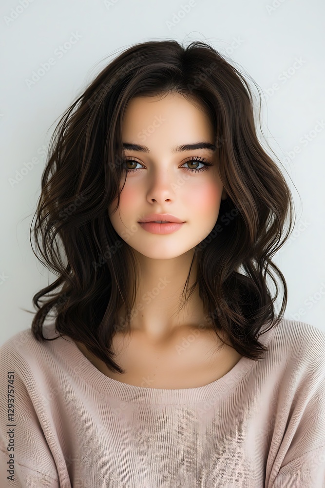 Elegant portrait of a 30-year-old European woman with bouncy dark brown curls, dressed in a stylish pastel pink sweater. She has a serene expression and soft makeup. The controlled studio lighting Elegant portrait of a 30-year-old European woman with bouncy dark brown curls, dressed in a stylish pastel pink sweater. She has a serene expression and soft makeup. The controlled studio lighting