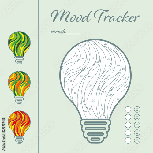 Printable mood tracker for month. Tracker with  lightbulb for tracking your daily mood for 31 days. Digital planner.