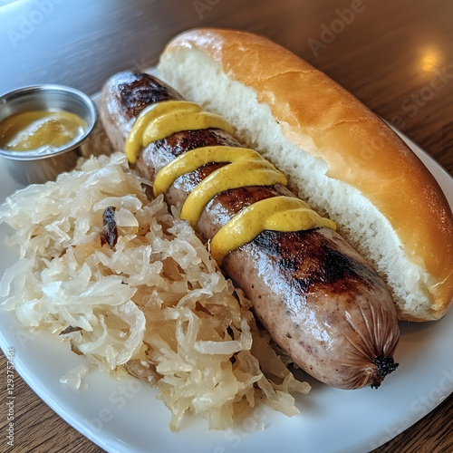 A hot dog with mustard and ketchup is served on a bun