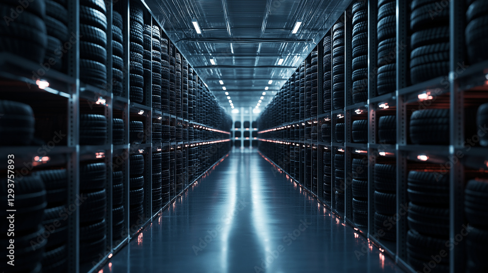 Fototapeta premium An industrial storage facility with floor-to-ceiling stacks of black tires, arranged methodically to optimize space and accessibility.