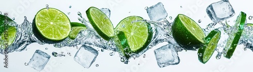 Refreshing Limes and Ice Cubes Splashing in Water Perfect for Summer Drinks and Cocktails