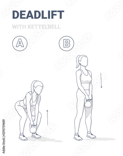 Kettlebell Deadlift Exercise Step-by-Step Guide – Black and White Illustration
