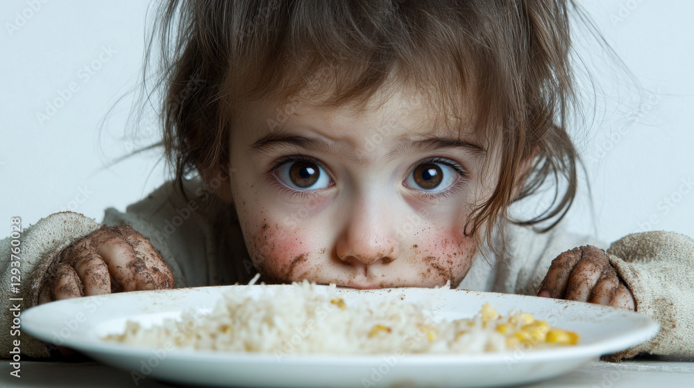 A frail young child with dirt-streaked cheeks and hollow eyes, A frail young child with dirt-streaked cheeks and hollow eyes,