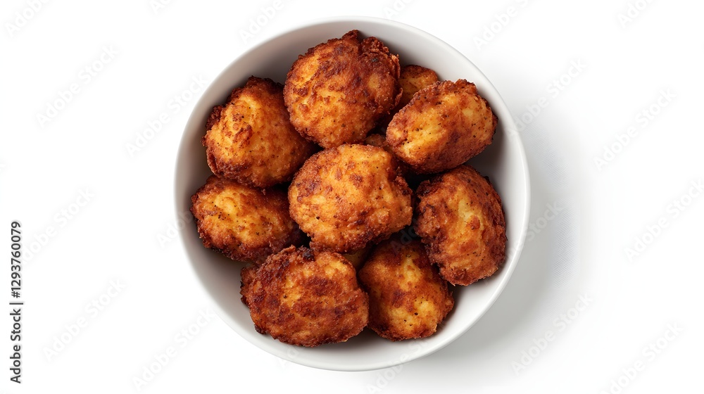 Delicious golden brown arancini balls piled in a white bowl Delicious golden brown arancini balls piled in a white bowl