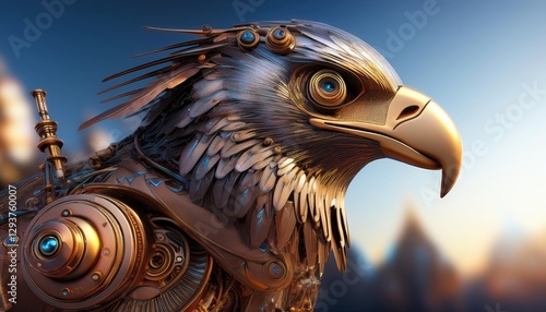 Steampunk Steerable Mechanical Eagle Soaring through a Futuristic Cityscape in an Abstract Landscape, Featuring Copper and Brass Accents, Intricate Gears, and a Mysterious Atmosphere