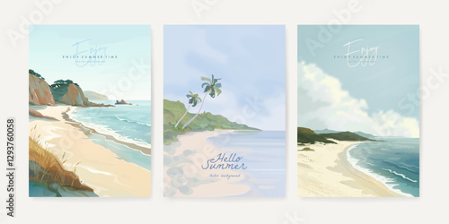 Set of beautiful summer beach sea resort background design template for poster, flyer, web banner, cover, booklets and greeting card. Tropical landscape. Vector illustration