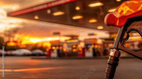 Fuel pump action at a gas station during sunset urban setting photography scenic view energy concept photo