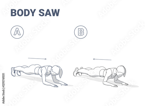 Body Saw Exercise Step-by-Step Guide Black and White Illustration