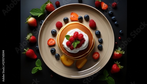 Wallpaper Mural Fotografía de estudio profesional de panqueques con nata encima y frutas de temporada. Tiene una textura suave y esponjosa, asimétrica., estilo ultrarrealista, realista, 4k
 Torontodigital.ca