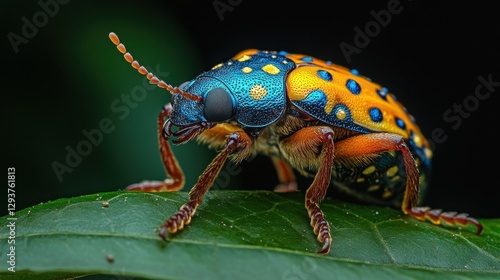 Wallpaper Mural Vibrant beetle on a leaf, showcasing its iridescent blue and orange colors.  Close-up detail reveals intricate patterns. Torontodigital.ca