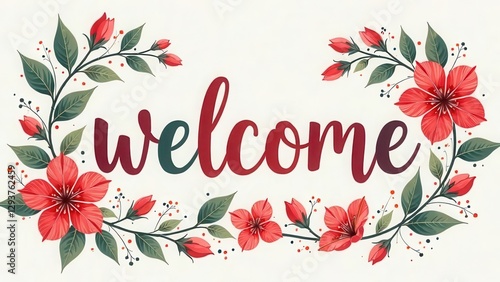 Colorful welcome text on white background with floral elements. Vector design illustration