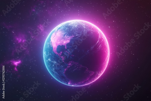 Planet earth glowing in space with purple nebula and stars