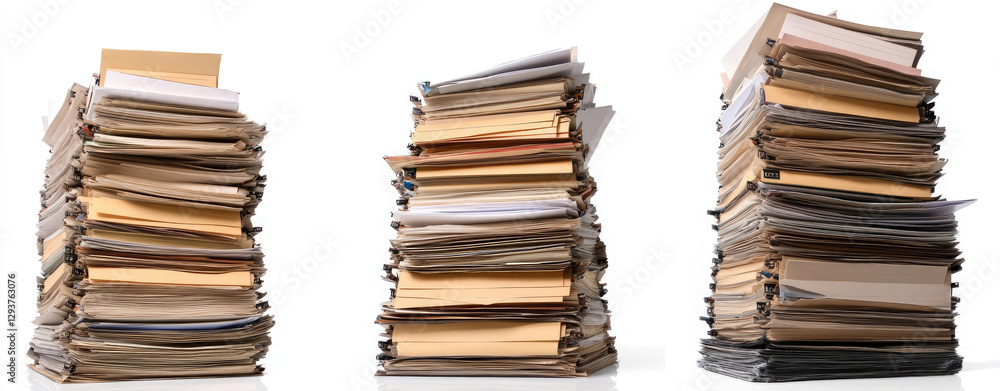 Set of towering stacks of paperwork and files, isolated on a white background Set of towering stacks of paperwork and files, isolated on a white background