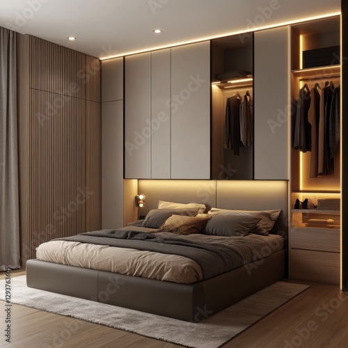 Luxurious modern bedroom with attached wardrobe design presents its interior