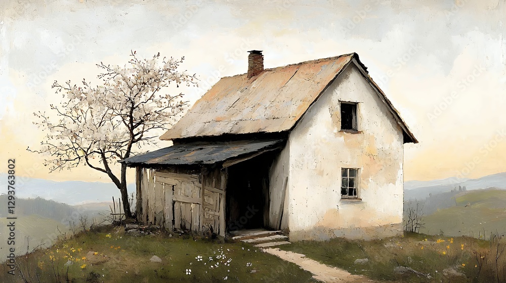 Rustic White Farmhouse on Hilltop at Sunset Rustic White Farmhouse on Hilltop at Sunset