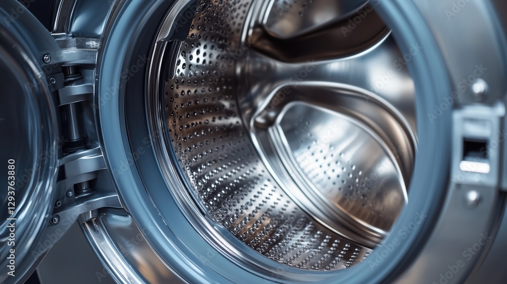 The open washing machine reveals its polished interior, with curved ridges and precise perforations designed for optimal cleaning performance. The open washing machine reveals its polished interior, with curved ridges and precise perforations designed for optimal cleaning performance.