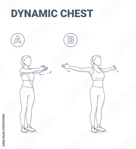 Dynamic Chest Exercise Step-by-Step Guide Black and White Illustration