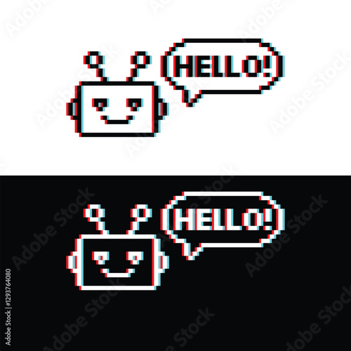 glitch effect chatbot icon with chat bubble hello 8 bit, pixel art bot icon  for game  logo. 